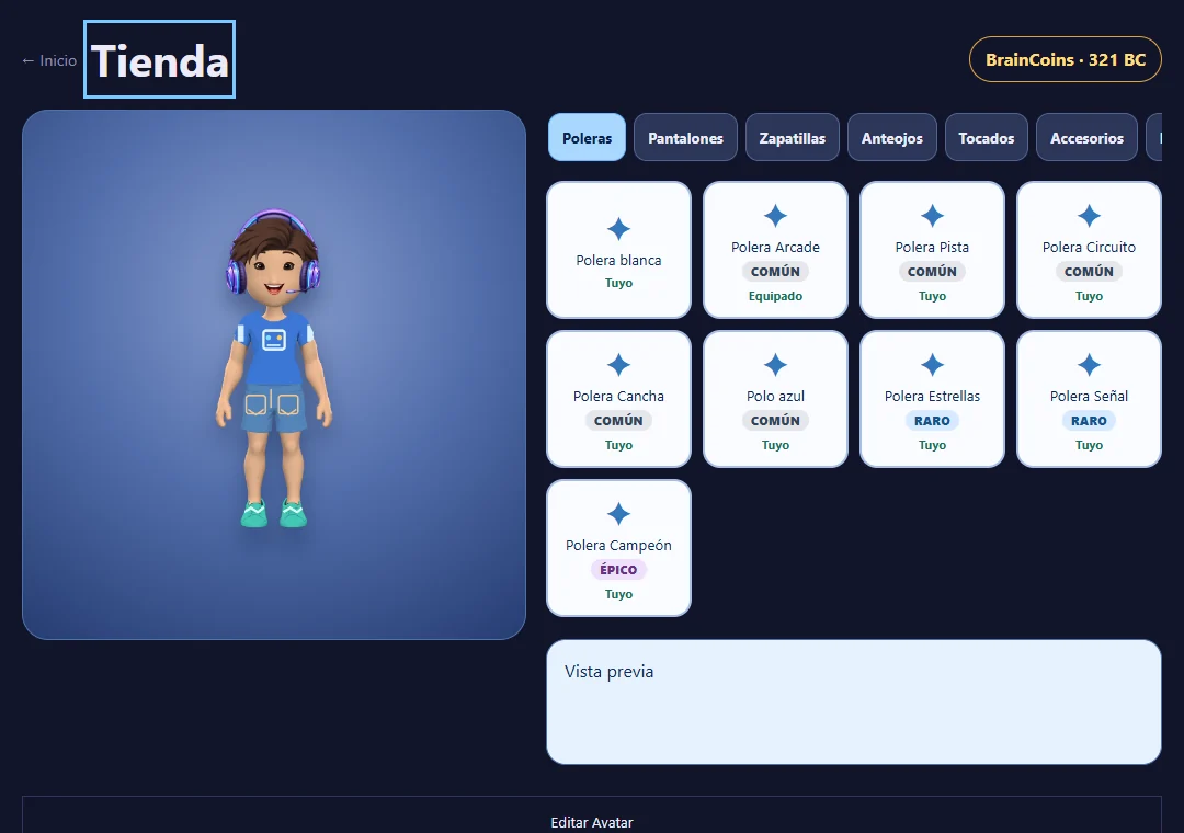 Tienda real con ropa aprobada y avatar equipado